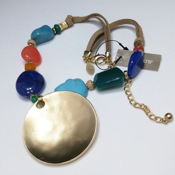 Chico’s Multicolor Beaded Necklace Gold Pendant Suede Cord NWT Statement - Picture 5 of 16